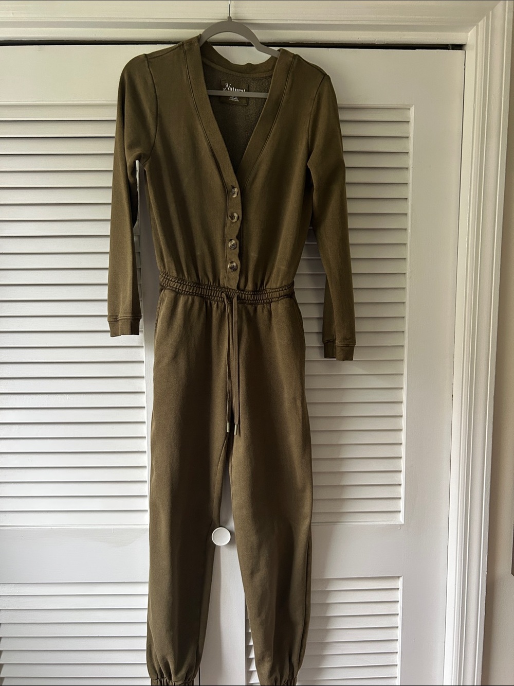 Natural Reflections Olive Utility Button-Front Long Sleeve Jumpsuit